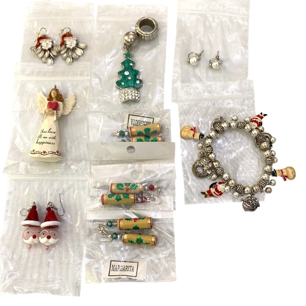 Christmas Jewelry Bundle 9 Earrings Bracelet Scarf Dangle Angel Santa Snow Man